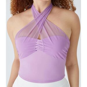 Halara Lavender Sheer Halter Crop Top Mesh Neck Tie Bustier Style Y2K Aesthetic